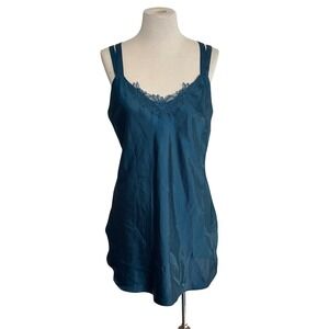 Teal Satin Lace Trim Slip Chemise Babydoll Womens Romantic